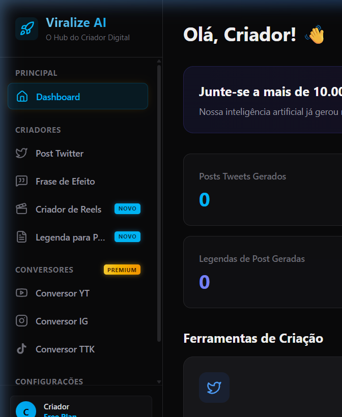 Menu de Ferramentas Viralize AI